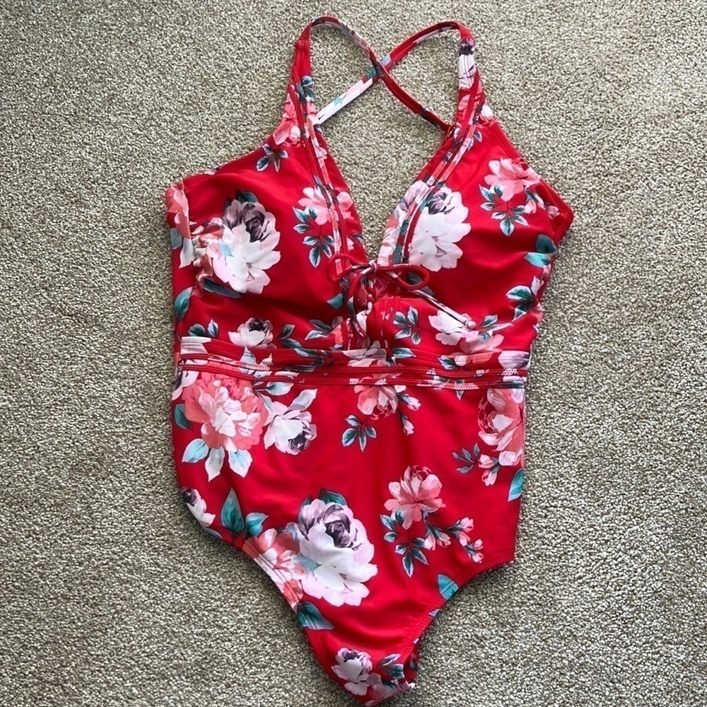Kona Sol Red Floral Print VNeck Large One Piece Swimsuit Large - Picture 3 of 11